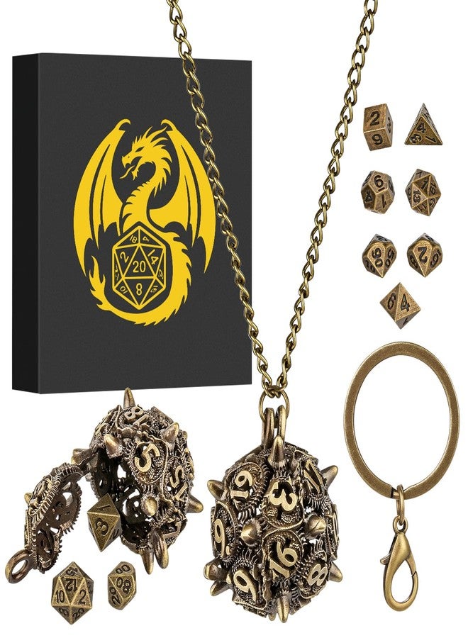 Keller & Weber Mini DND Dice Set with D20 Spike Metal Cage Portable Keychain Necklace, Tiny 7pcs Polyhedral D&D Dice Set, DND Gifts with Gift Box, D&D Accessories for RPG, Bronze - Image 2